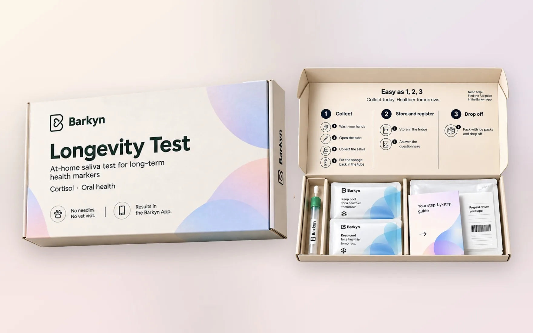 Il Test di Longevità Barkyn: la scatola chiusa del test della saliva e il kit aperto, con la provetta di raccolta, le bustine del freddo, la guida passo passo e la busta preaffrancata